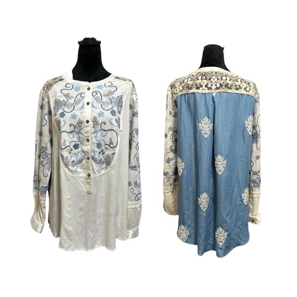 John Mark Tops - John Mark Embroidered Tunic Blouse Womens XL Cream Gold Blue Mixed Media  EUC